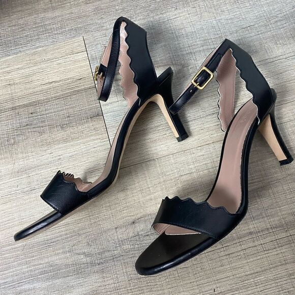 CHLOE | Black Leather Scalloped Edge Lauren Mid-Heel Ankle Wrap Pumps Size 38 - Picture 5 of 11